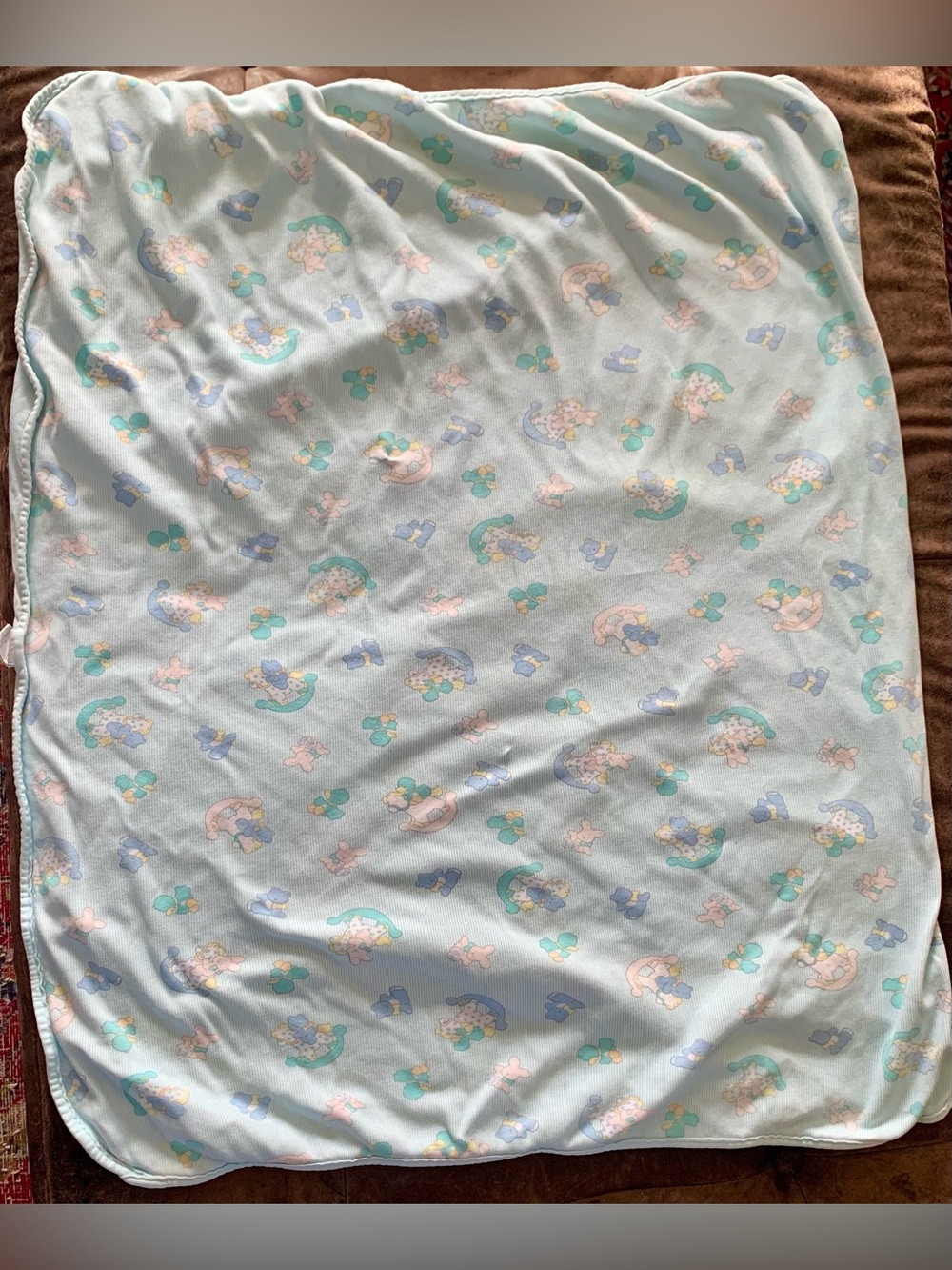 Vintage Double Cotton Receiving Blanket Blue 90s Rocking  Horses Teddy Bears***